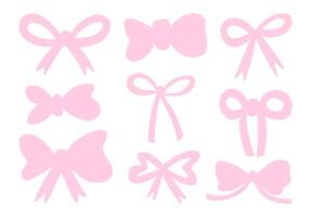 Pastel Pink Hand Drawn Ribbon Bow. A collection of 9 pastel pink ribbon bows in various hand drawn styles, featuring minimalist, elegant, and whimsical shape perfect for decoration and feminine design vector