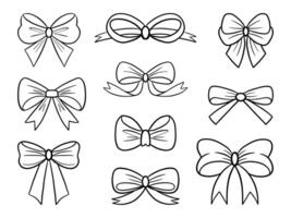 Whimsical Hand Drawn Ribbon Bow Line Art. A collection of 10 elegant ribbon bows in whimsical hand drawn line art style featuring various bow, and decorative contours for charming design projects vector