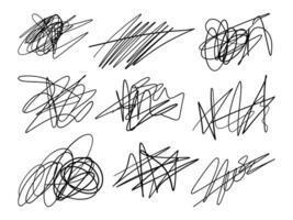 Chaotic Hand Drawn Abstract Scribble Line. A collection of 9 expressive black line scribbles featuring chaotic curves in a modern hand drawn abstract style, ideal for dynamic accents or texture. vector