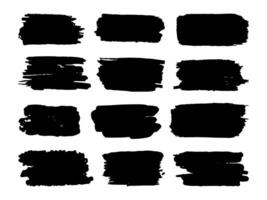 Hand Drawn Grunge Brush Stroke. A collection of 12 unique black brush strokes with rough textures and organic edges perfect for headers, backgrounds, and artistic compositions vector