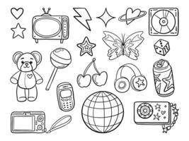 Playful Hand Drawn Retro Doodle Icon. A set of 19 hand drawn black outline icons featuring retro and cute objects including a teddy bear, camera, TV, globe, and tech gadgets in a playful doodle style vector