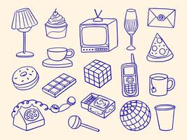 Retro Hand Drawn Everyday Object Icon. A collection of 17 retro-style hand drawn objects including vintage phones, snacks, drinks, electronics, and decor illustrated in outline with a nostalgic touch. vector