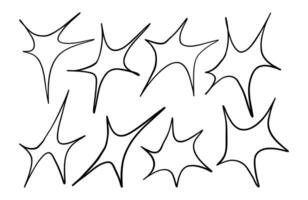 Curved Drawn Starburst Sparkle Line Art. A modern set of 8 abstract sparkle and starburst icons drawn in smooth flowing line art with elongated curves, bold motion, and minimalist styling vector