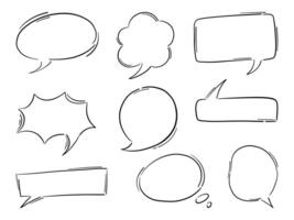 Hand Drawn Comic Speech Bubble Pack. A bundle of 9 sketch style speech bubble outlines in various shapes including round, rectangular, and comic bursts ideal for dialogue, stickers, and pop art design vector