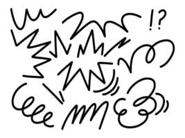 Whimsical Hand Drawn Comic Motion Stroke. A playful collection of 9 hand drawn comic-style motion and accent strokes featuring spiral, zigzags, and expressive symbols perfect for dynamic illustrations vector