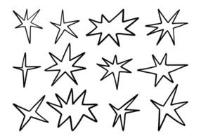 Expressive Hand Drawn Starburst Line Art. A dynamic set of 12 hand drawn starburst illustrations featuring five to eight-pointed stars abstract styles, perfect for comic accents or visual effects. vector