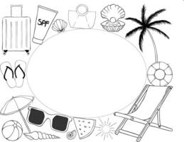 Summer Frame Beach vacation Oval rectangle frame template for text. graphic line ink illustration. Banner, poster, wrapping paper, sticker, print, modern textile design. vector