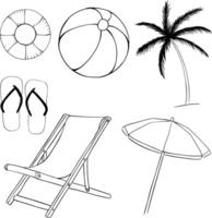 Beach Illustration set. graphic line ink icon isolated. chair, flip-flops, ball, circle, umbrella, palm tree. illustration for package, vacation design, fabric and textile. vector