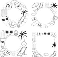 Beach vacation set frame template for text. graphic line ink illustration. A place for text in the center. Banner template for greeting cards, invitations. For logo, package, sticker. vector