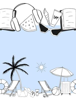 Beach staff frame seamless horizontal border template for text. graphic line ink illustration. Banner, poster, wrapping paper, sticker, print, modern textile design.