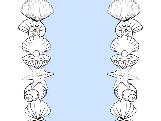 Seashells starfish frame seamless vertical border template for text. graphic line ink illustration. Marine life For poster, flyer, banner, invitation, social media, party or sale