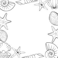 Seashells and starfish square frame template for text. graphic line ink illustration. Marine illustration of the underwater world hand drawn in black ink graphically. vector