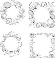 Seashells, starfish set frame template for text. graphic line ink illustration. Marine creatures and shells form a square frame. for package, cosmetic, textile, cards. vector