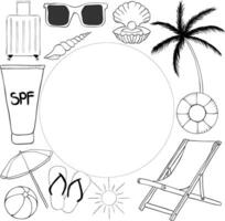 Summer Frame Beach vacation square frame template for text. graphic line ink illustration. Banner, poster, wrapping paper, sticker, print, modern textile design. vector