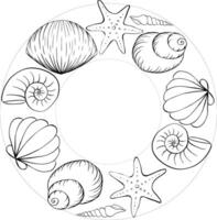 Seashell circle round frame template for text. graphic line ink illustration free hand drawing, sketch style. Banner, poster, wrapping paper, sticker, print, modern textile design. vector