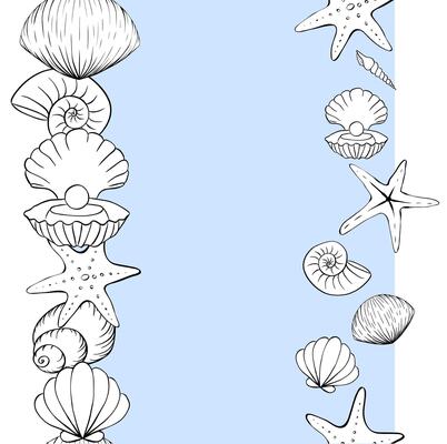 Seashells and starfish frame seamless vertical border template for text. graphic line ink illustration. Marine life For poster, flyer, banner, invitation, social media, party or sale