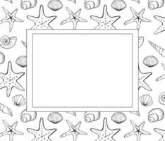 Seashell rectangle frame. graphic line ink illustration of seashells. Hand drawn linear drawing on isolated background. Design for package, cosmetic, textile, cards. vector