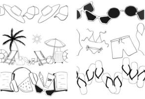 Beach essentials horizontal seamless border set. graphic line ink illustration. for package, vacation design, fabric and textile. logo, web, package, sticker. vector
