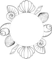 Seashells, starfish circle round frame template for text. graphic line ink illustration isolated on white. Round wreath with nautical elements for postcards, nautical party invitations. vector