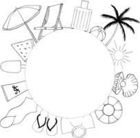Beach vacation circle round frame template for text. graphic line ink illustration. A place for text in the center. Banner template for greeting cards, invitations. For logo, package, sticker. vector