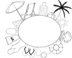 Beach vacation Oval frame template for text. graphic line ink illustration. A place for text in the center. Banner template for greeting cards, invitations. For logo, package, sticker. vector