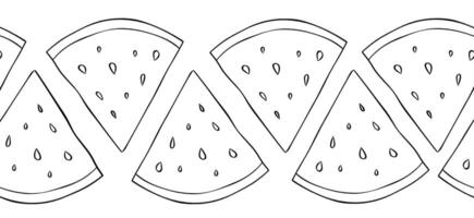 Watermelon slice seamless horizontal border. Graphic line ink Summer fruit repeating pattern. Banner, poster, wrapping paper, sticker, print, modern textile design. vector