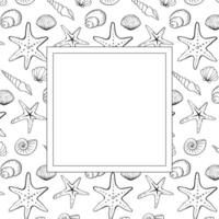 Seashell and starfish square frame template for text. graphic line ink illustration. Marine illustration of the underwater world hand drawn in black ink graphically. vector