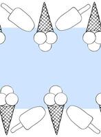 Ice cream frame seamless horizontal border template for text. graphic line ink illustration. Tasty bright ice cream stick and cones for package design, promotion flyer vector