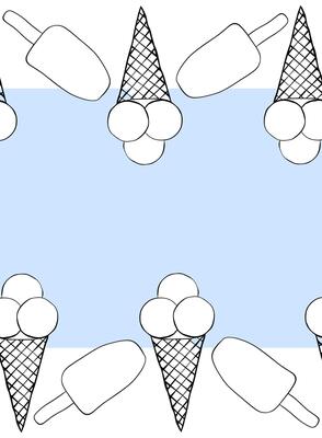 Ice cream frame seamless horizontal border template for text. graphic line ink illustration. Tasty bright ice cream stick and cones for package design, promotion flyer