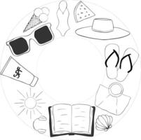 Beach essentials circle round frame template for text. graphic line ink illustration. Summer sale promotion round board surrounded by beach objects. for package, cosmetic, textile, cards. vector
