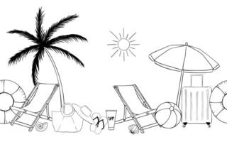 Beach essentials horizontal seamless border. graphic line ink pattern with sun, palm tree, umbrella. Summer banner background with beach vibes decorate for package, cosmetic, textile, cards. vector