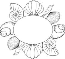 Seashells, starfish oval frame template for text. graphic line ink illustration isolated on white. Round wreath with nautical elements for postcards, nautical party invitations. vector