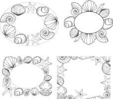 Seashells, starfish set Oval rectangle frame template for text. graphic line ink illustration. Marine creatures and shells form a square frame. for package, cosmetic, textile, cards. vector