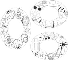 Beach vacation, essentials, seashells Oval set frame template for text. graphic line ink illustration. A place for text in the center. Banner template for greeting cards, invitations. vector