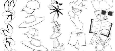 Beach essentials vertical seamless border set. graphic line ink illustration. for package, vacation design, fabric and textile. logo, web, package, sticker. vector