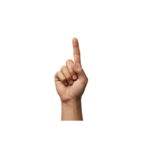 Elevated right hand finger points upward against a background of layered colors. png