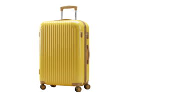 Modern yellow hard-shell rolling suitcase with extended handle, travel luggage for vacation or business trip, isolated on transparent background. png