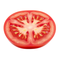Fresh juicy tomato slice isolated on transparent background. Vibrant red color, visible seeds and pulp, perfect for food design or cooking concept visuals. png
