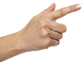 Close-up of a human hand pointing with index finger, isolated on transparent background, perfect for gesture, direction, and communication concepts. png