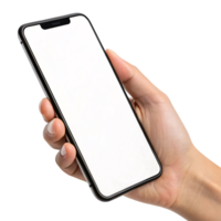 Hand holding modern smartphone with blank screen, ready for mobile app mockup or UI display png