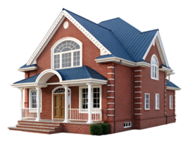Charming red brick suburban house with blue roof isolated on transparent background, ideal for real estate, architecture, and home design themes. png