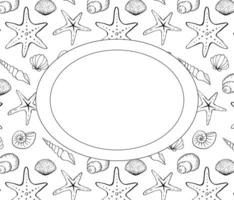 Oval frame with different sea shells. Hand-drawn ink illustration. Black and white. Banner, poster, wrapping paper, sticker, print, modern textile design. vector