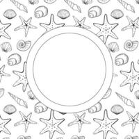 Seashell circle frame template for text. graphic line ink illustration free hand drawing, sketch style. Banner, poster, wrapping paper, sticker, print, modern textile design. vector