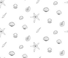 Seashells and starfish Seamless pattern. graphic line ink design for fabric printing. Banner, poster, wrapping paper, sticker, print, modern textile design. web, package, sticker. vector