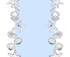 Seashell frame seamless vertical border template for text. graphic line ink illustration. round frame free hand drawing, sketch style For logo, web, package, sticker. vector