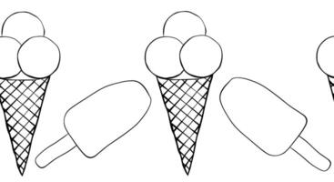Ice cream horizontal seamless border. graphic line ink pattern frame template illustration. Banner, poster, wrapping paper, sticker, print, modern textile design. vector