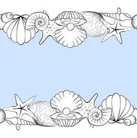 Seashell frame seamless horizontal border template for text. graphic line ink illustration. For poster, flyer, banner, invitation, social media, party or sale vector