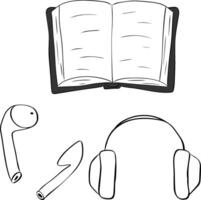Open book and headphone symbol for audio book listening Illustration set. graphic line ink icon isolated. For logo, web, package, sticker. vector