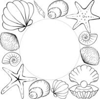 Seashells, starfish circle round frame template for text. graphic line ink illustration. Marine creatures and shells form a square frame. for package, cosmetic, textile, cards. vector