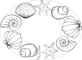 Seashell oval frame template for text. graphic line ink illustration free hand drawing, sketch style. Banner, poster, wrapping paper, sticker, print, modern textile design. vector